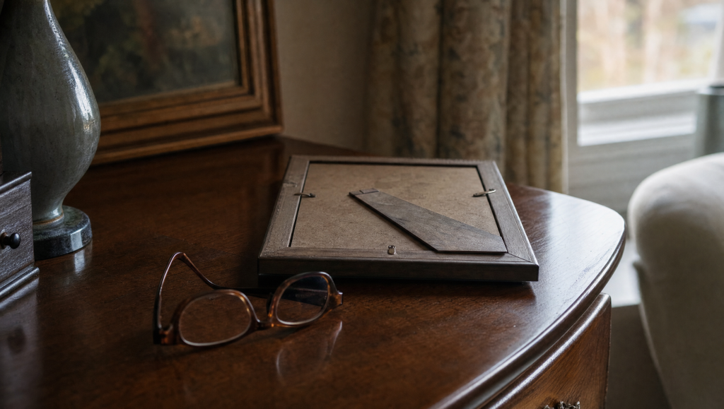 Older couple's framed wedding photo set face-down beside reading glasses, a long marriage ending later in life