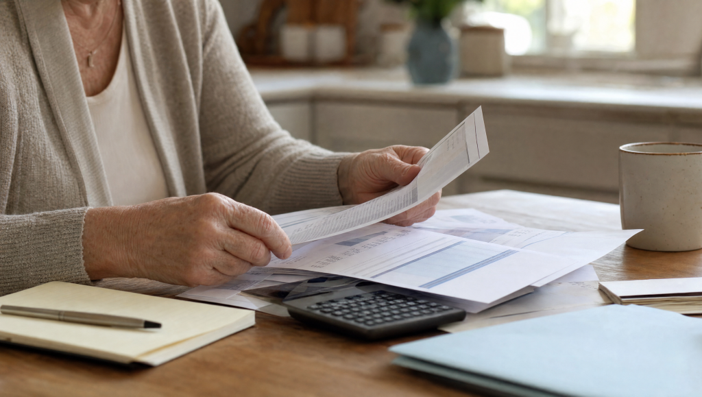 Older hands sorting 401k, IRA, and pension statements with a calculator during a later-life divorce in Massachusetts
