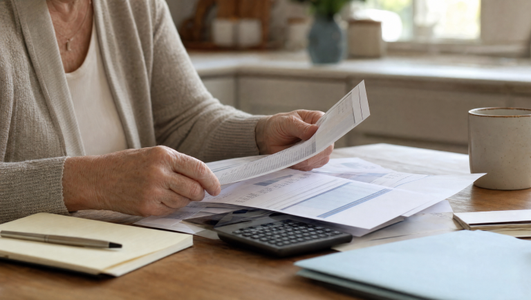Older hands sorting 401k, IRA, and pension statements with a calculator during a later-life divorce in Massachusetts