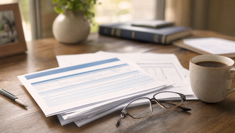Social Security benefits letter and retirement paperwork beside reading glasses and coffee on a desk