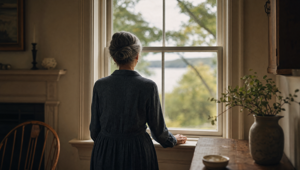 Older woman at the window of a long-lived-in New England home considering alimony after a long marriage