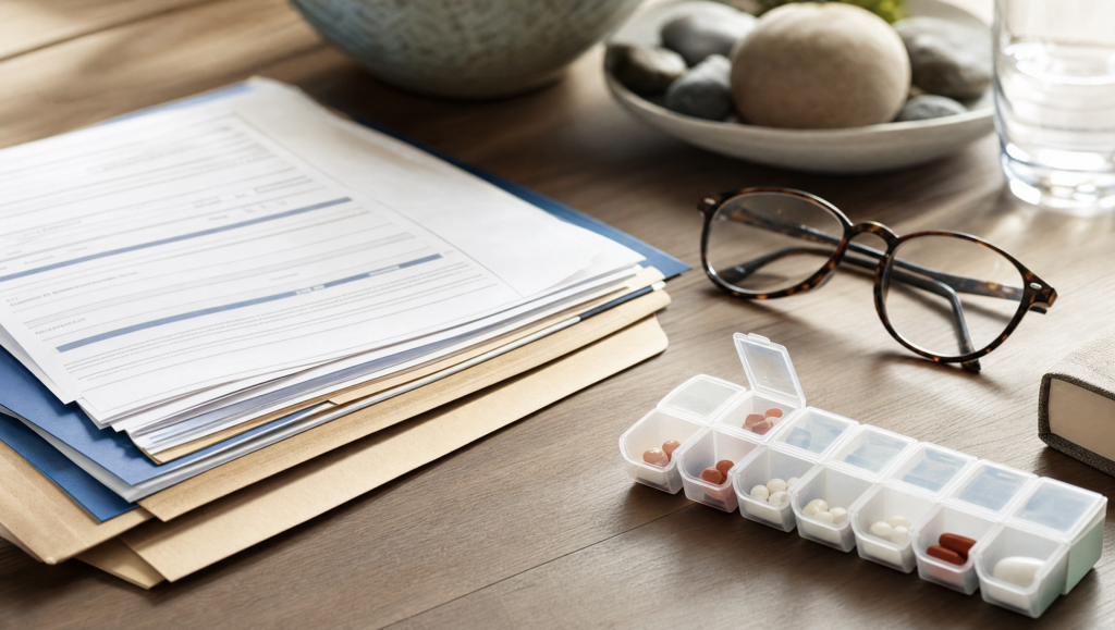 Medicare and health insurance paperwork beside a weekly pill organizer and reading glasses after a later-life divorce