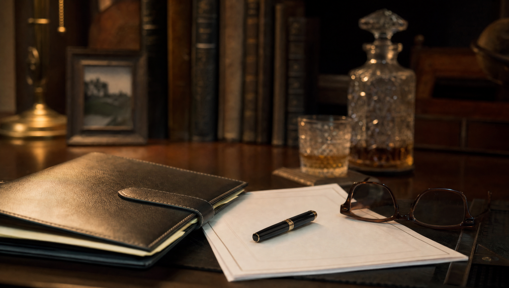 Estate-planning folder, a will document, a pen, and reading glasses on a home study desk after divorce