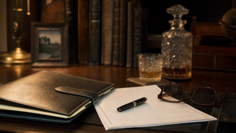 Estate-planning folder, a will document, a pen, and reading glasses on a home study desk after divorce