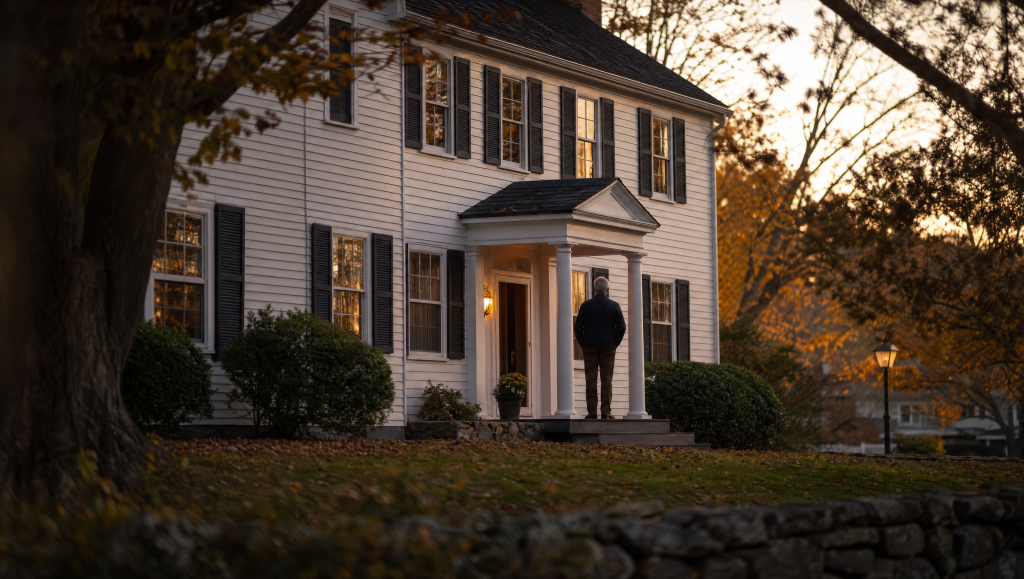Older person on the porch of a New England colonial home at dusk weighing whether to keep or sell the marital home