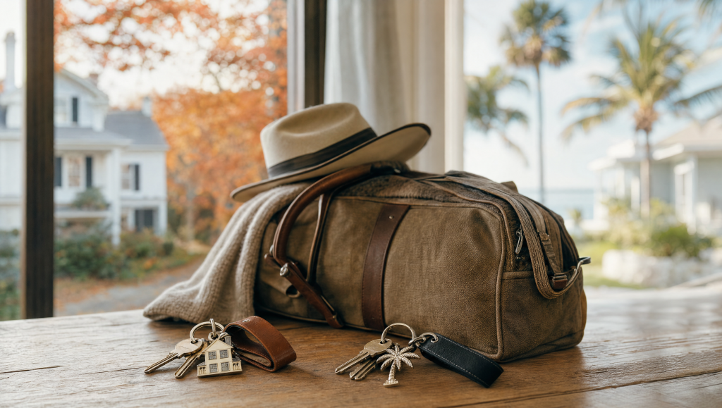 Two sets of house keys beside a packed bag with New England and Florida cues, a Massachusetts retiree with a Florida second home