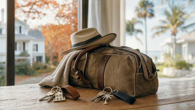 Two sets of house keys beside a packed bag with New England and Florida cues, a Massachusetts retiree with a Florida second home