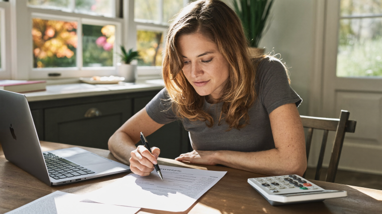 Massachusetts parent reviewing child support financial paperwork at a sunlit New England kitchen table with a laptop and calculator