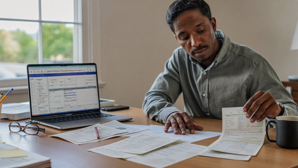 Hands organizing pay stubs and tax-return pages at a home-office desk, establishing income for a Massachusetts child support order