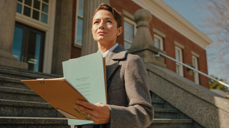 Parent climbing the steps of a brick New England municipal courthouse with a document folder to modify a child support order