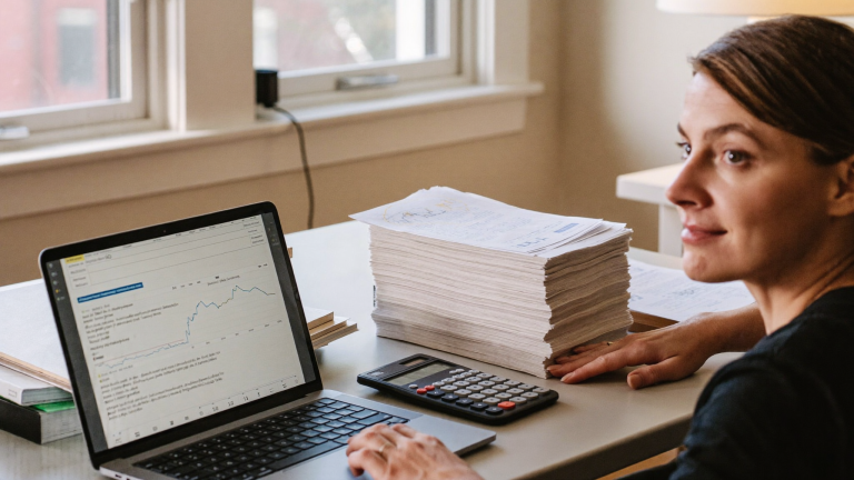 Two neat stacks of financial documents on a desk with a laptop and calculator, comparing child support and alimony in Massachusetts